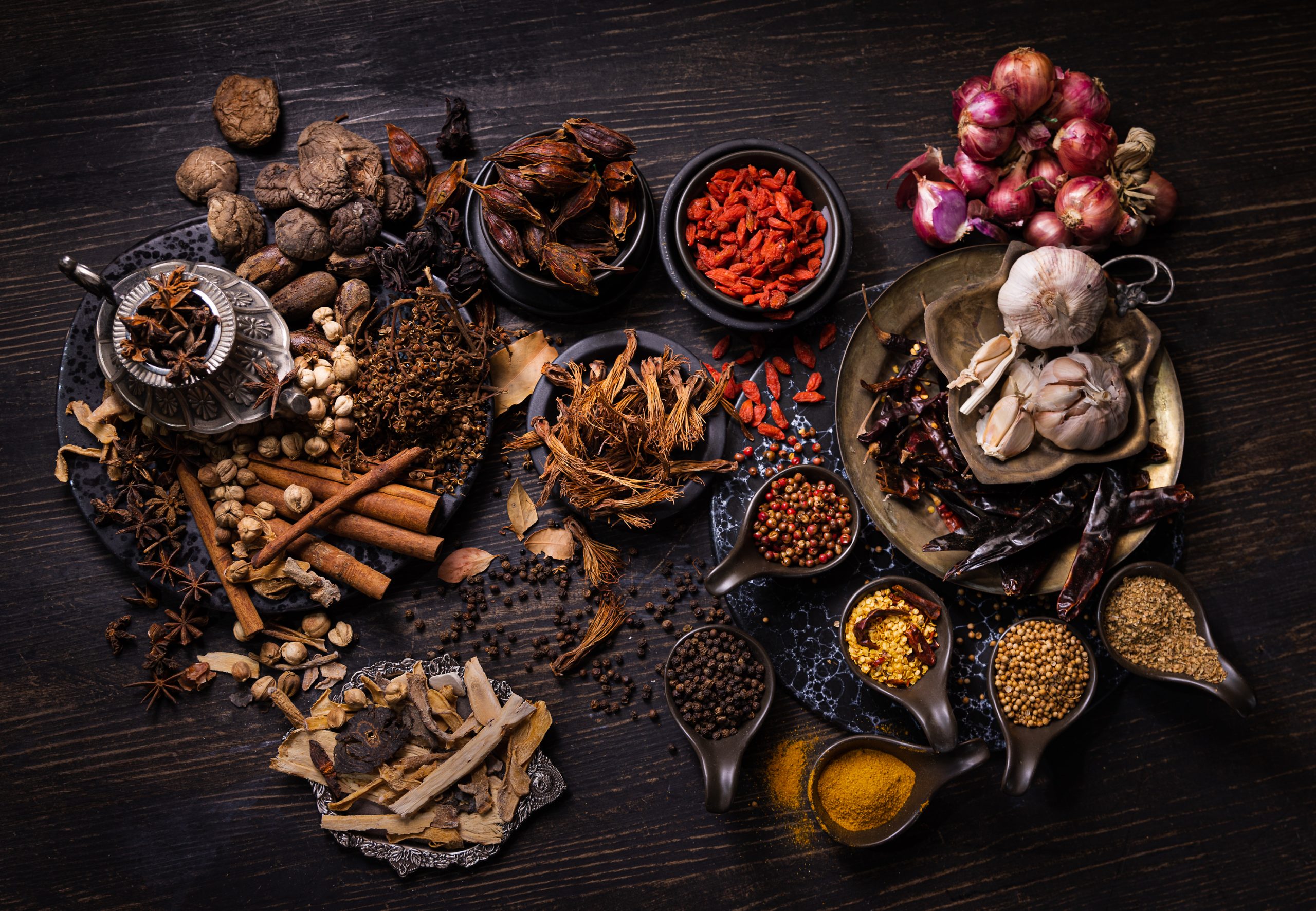 Thai native food, spices herbs, and various ingredients taken fr